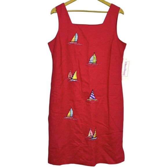 Vintage Ultra Womens Embroidered Linen Blend Sheath Dress Size 14 Red Sailboat - Picture 1 of 11